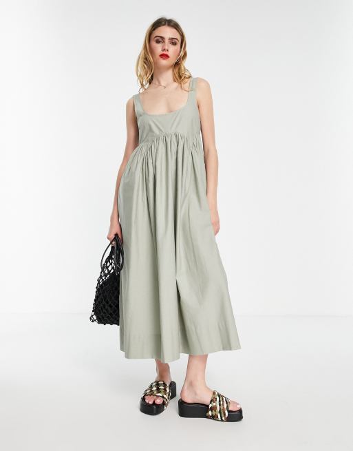 ASOS DESIGN - Prendisole midi kaki con scollo squadrato