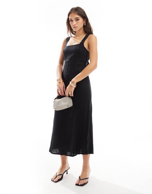 ASOS DESIGN - Prendisole midi nero in lino con scollo squadrato e allacciatura sul retro