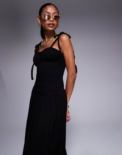 ASOS DESIGN - Prendisole midi nero stropicciato con spalline sottili annodate e corpino arricciato, 3 di 4