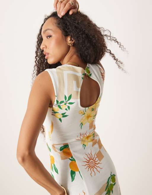 ASOS DESIGN - Prendisole midi senza maniche in cotone con stampa cartolina, 3 di 4