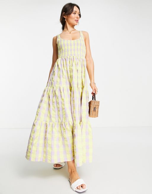 ASOS DESIGN - Prendisole taglio lungo arricciato lilla e limone a quadri con lacci