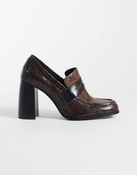 ASOS DESIGN Preppy high heeled loafers in snake - view 1