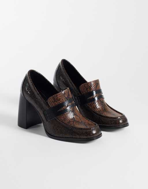 ASOS DESIGN Preppy high heeled loafers in snake, 2 of 4