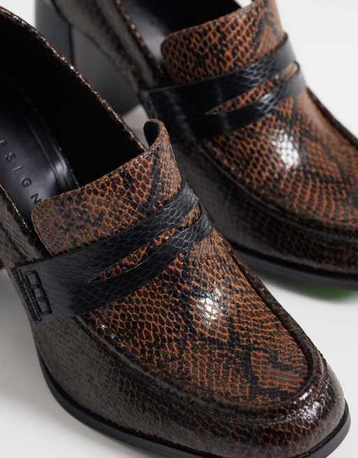 ASOS DESIGN Preppy high heeled loafers in snake, 3 of 4