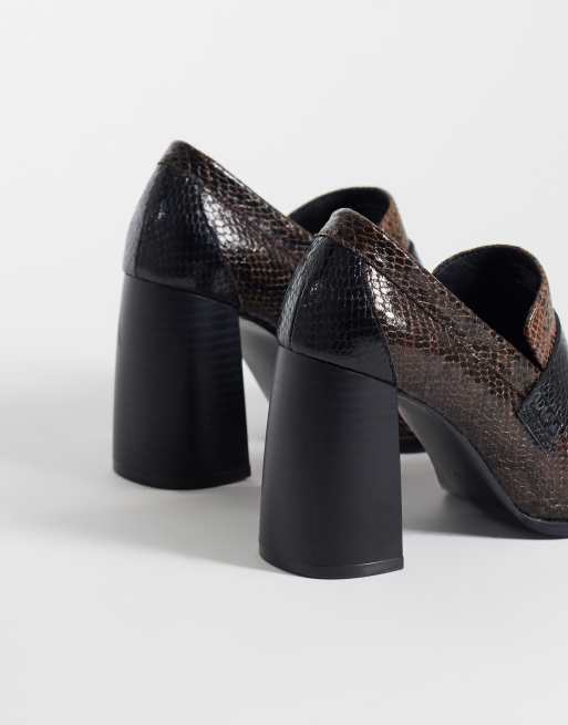 ASOS DESIGN Preppy high heeled loafers in snake, 4 of 4
