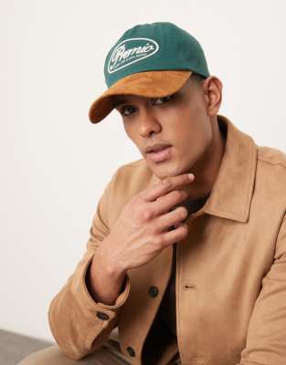 ASOS DESIGN – Preppy-Kappe im Vintage-Collegelook in Grün mit kontrastierendem Schirm aus Wildlederimitat