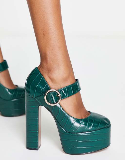 ASOS DESIGN Preppy mary jane platform high shoes in green croc | ASOS