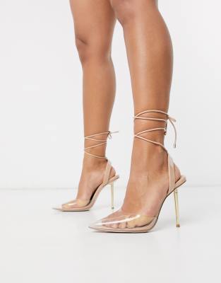 ASOS DESIGN President tie leg pointed high heels in clear-Beige