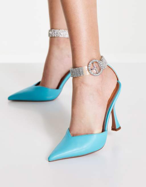 ASOS DESIGN Pressure embellished strap heeled shoes in blue | ASOS