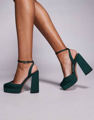 ASOS DESIGN - Pressure - Plateau-Schuhe aus Satin in Dunkelgrün mit hohem Absatz