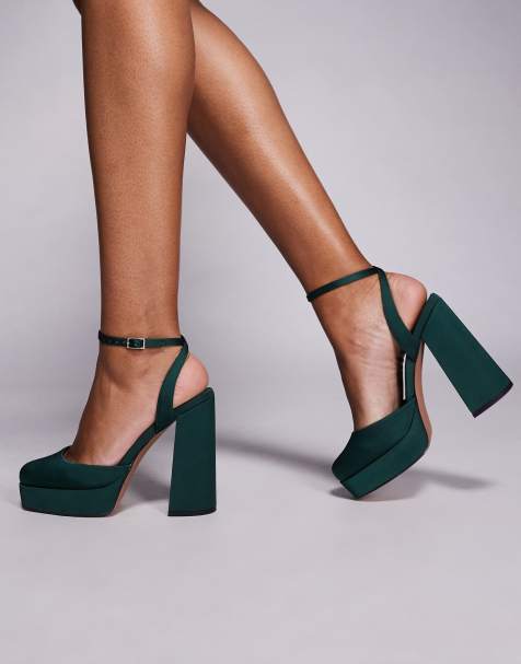 ASOS DESIGN Pressure platform high heeled shoes in dark green satin - view 1