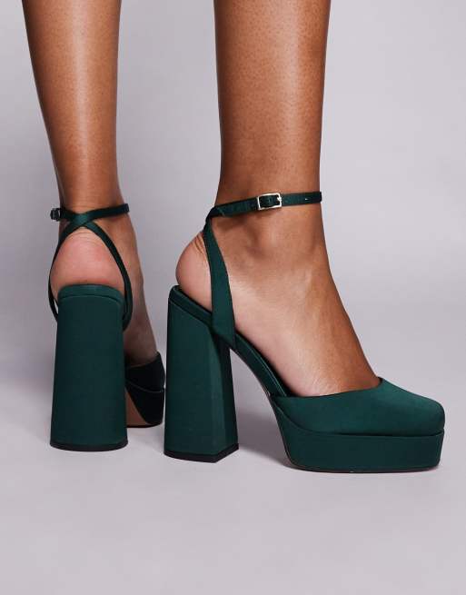 ASOS DESIGN Pressure platform high heeled shoes in dark green satin