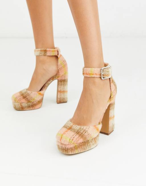 ASOS DESIGN Presta platform high heels in peach check | ASOS