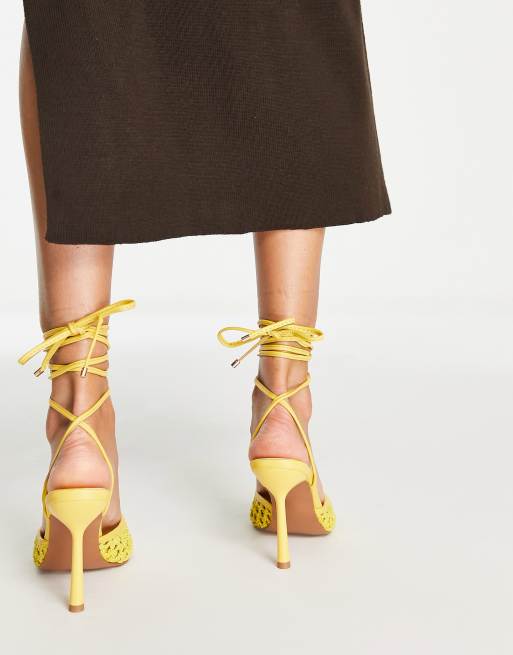 ASOS DESIGN Preston woven tie leg high heeled shoes in yellow ASOS