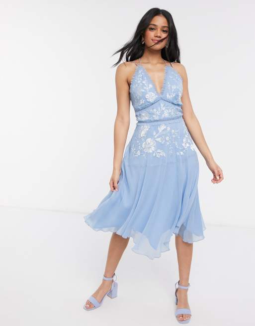 ASOS DESIGN pretty embroidered cami dress with ruffle trims in soft blue |  ASOS