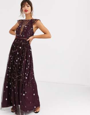 asos design maxi dress with cape sleeve in embroidered mesh