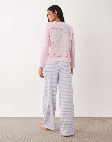 ASOS DESIGN pretty post long sleeve top and trouser pyjama set in pink - view 1