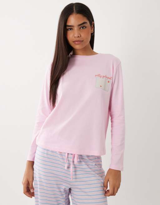 ASOS DESIGN pretty post long sleeve top and trouser pyjama set in pink, 3 of 4