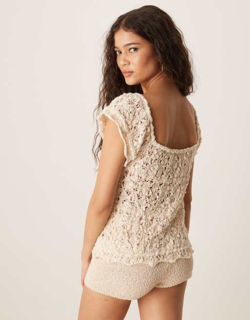 ASOS DESIGN pretty stitch flutter sleeves knit top in cream, 4 of 4