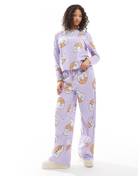ASOS DESIGN pretzel long sleeve top & trouser pyjama set in lilac - view 1