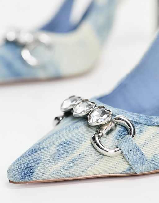 ASOS DESIGN Pria embellished slingback heeled shoes in denim , 3 of 4