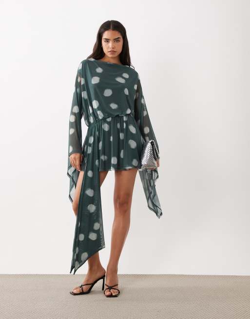 ASOS DESIGN prickig mesh miniklänning med knytning i sidan och extra vida ärmar i teal, 2 av 4