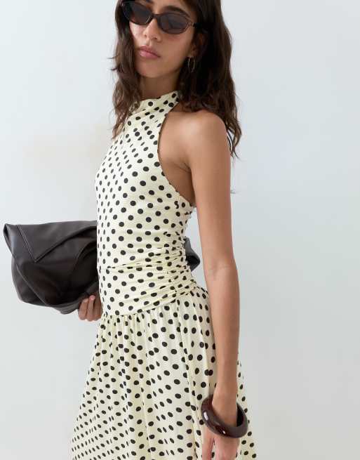 ASOS DESIGN prickig midiklänning med hög krage och sänkt midja i citron och brun, 2 av 5