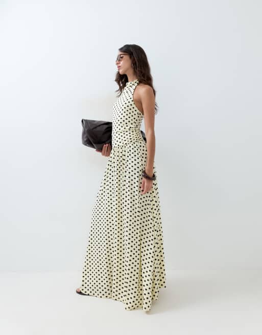 ASOS DESIGN prickig midiklänning med hög krage och sänkt midja i citron och brun, 5 av 5