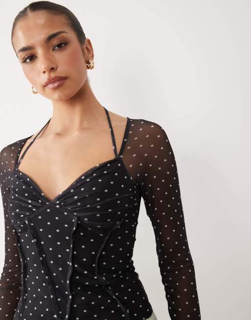 ASOS DESIGN – Prickig, mönstrad topp i mesh med långa ärmar och synliga sömmar, 3 av 4