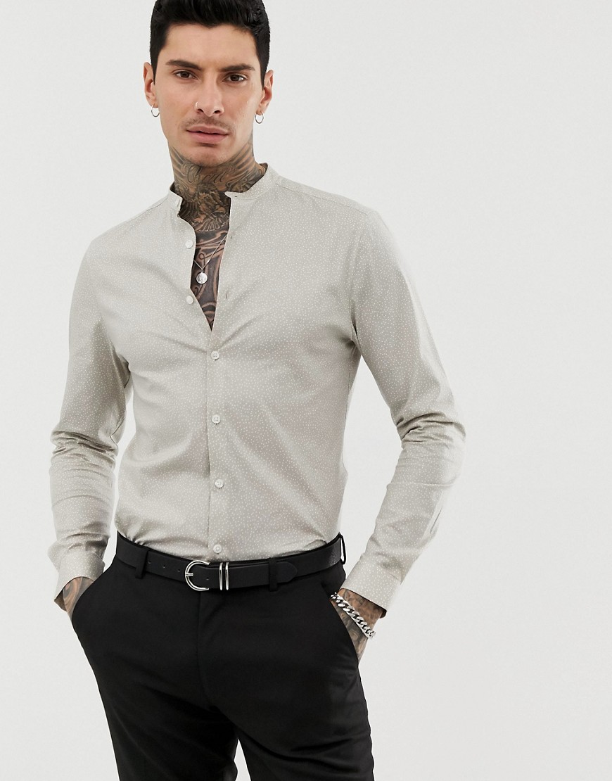ASOS DESIGN – Prickig stretchskjorta med murarkrage i slim fit-Vit