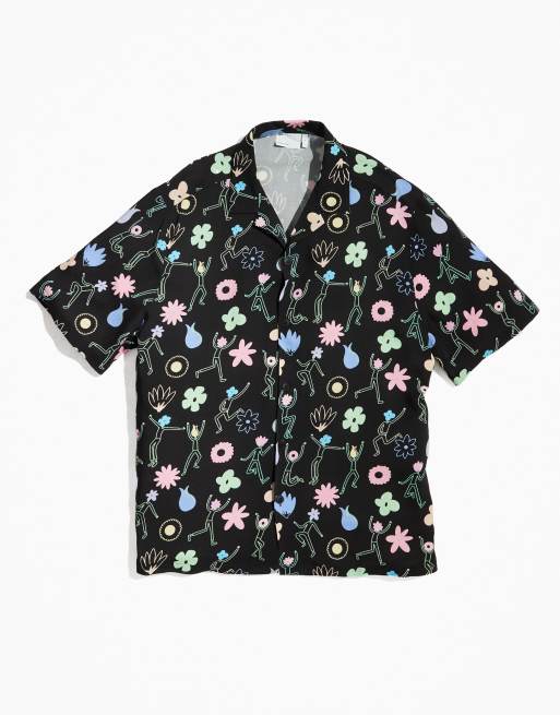 ASOS DESIGN PRIDE genderless relaxed short sleeve revere shirt with print in black - part of a set
