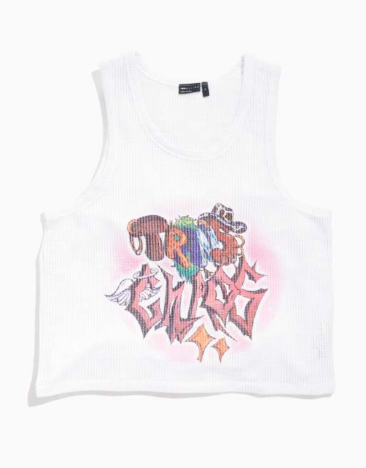 ASOS DESIGN - PRIDE - Genderloos hemdje van open mesh met print op de voorkant in wit
