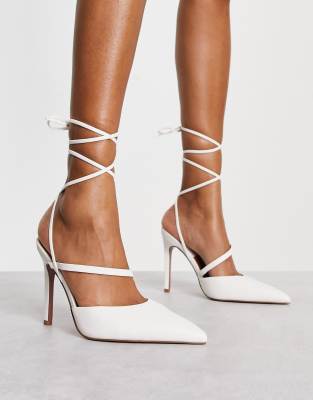 Asos Design Wide Fit Prize Tie Leg High Heeled Shoes In White