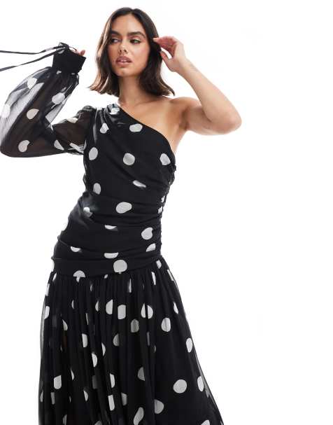 ASOS DESIGN - Prikket maxikjole med oneshoulder-snit og lange ballonærmer - view 1