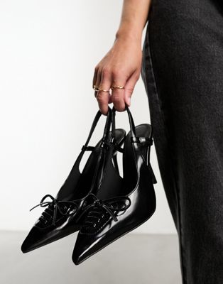 ASOS DESIGN Primadonna lace up bow slingback high heeled shoes in black