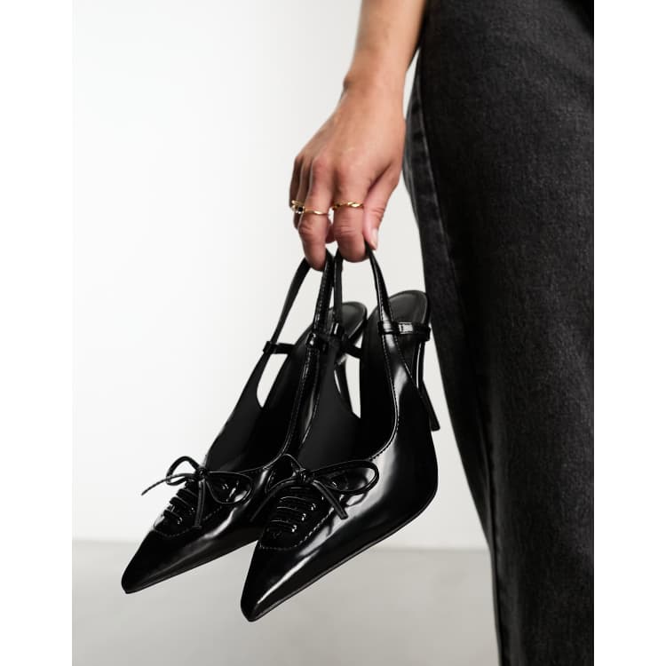 ASOS DESIGN Primadonna lace up bow slingback high heeled shoes in black