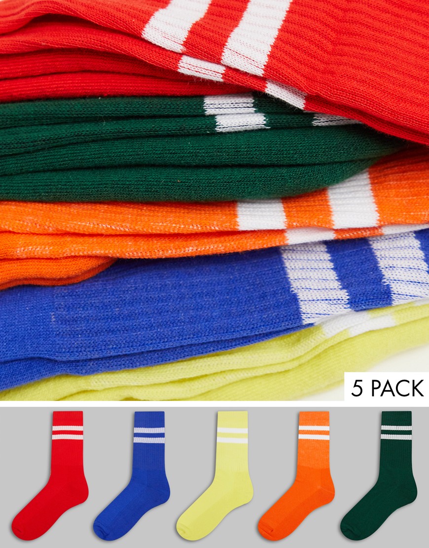 ASOS DESIGN primary colors sports socks with stripes 5 pack-White