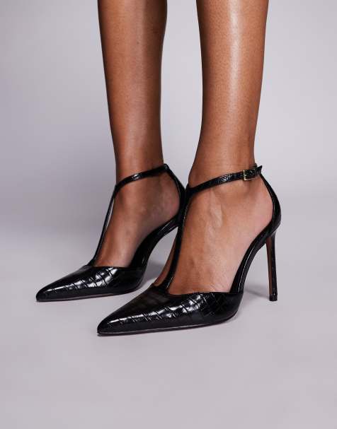 ASOS DESIGN Prime T bar high heeled shoes in black croc - view 1