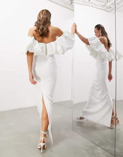 ASOS DESIGN Lila satin structured off shoulder mini wedding dress