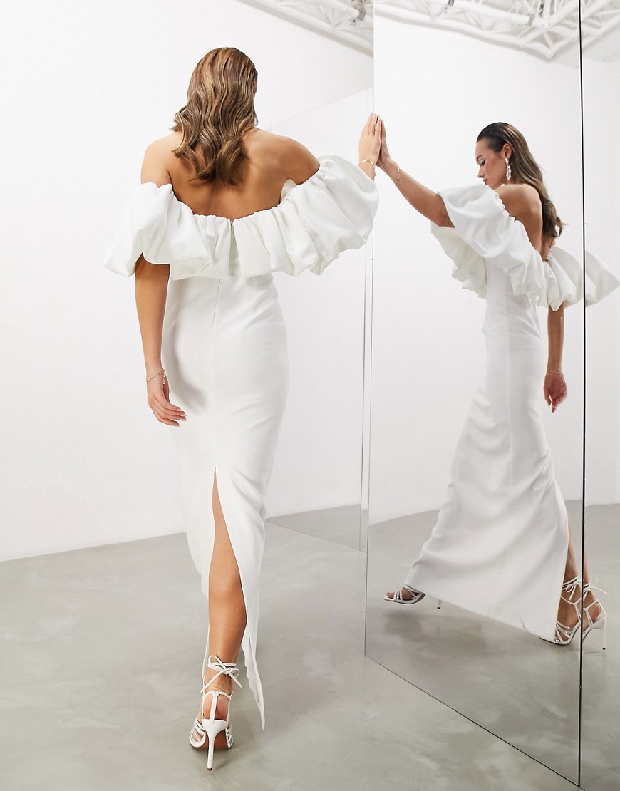 ASOS DESIGN Primrose blouson off shoulder crepe column wedding dress in-White