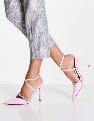 ASOS DESIGN Primrose embellished high heeled shoes in pink patent