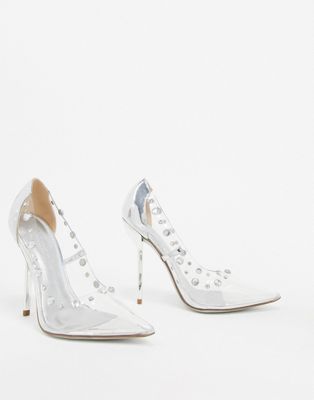 clear and silver shoes