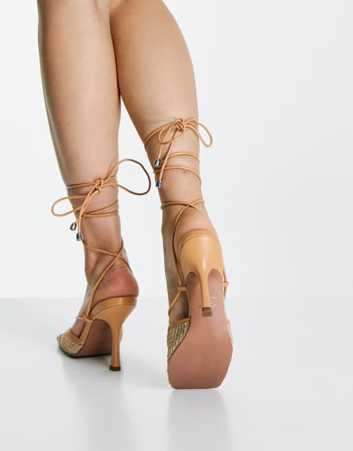 ASOS DESIGN Princella embellished square toe tie leg heeled shoes in beige, 3 of 4