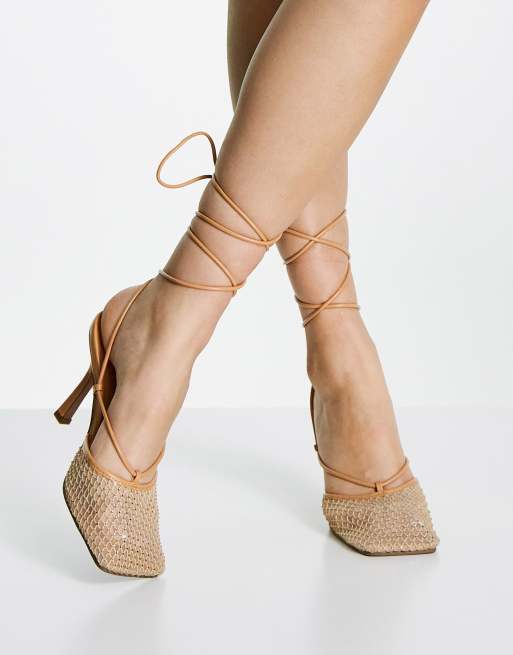 ASOS DESIGN Princella embellished square toe tie leg heeled shoes in beige, 4 of 4