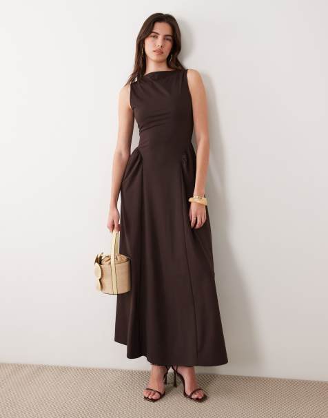 ASOS DESIGN slash neck jersey midaxi dress in chocolate