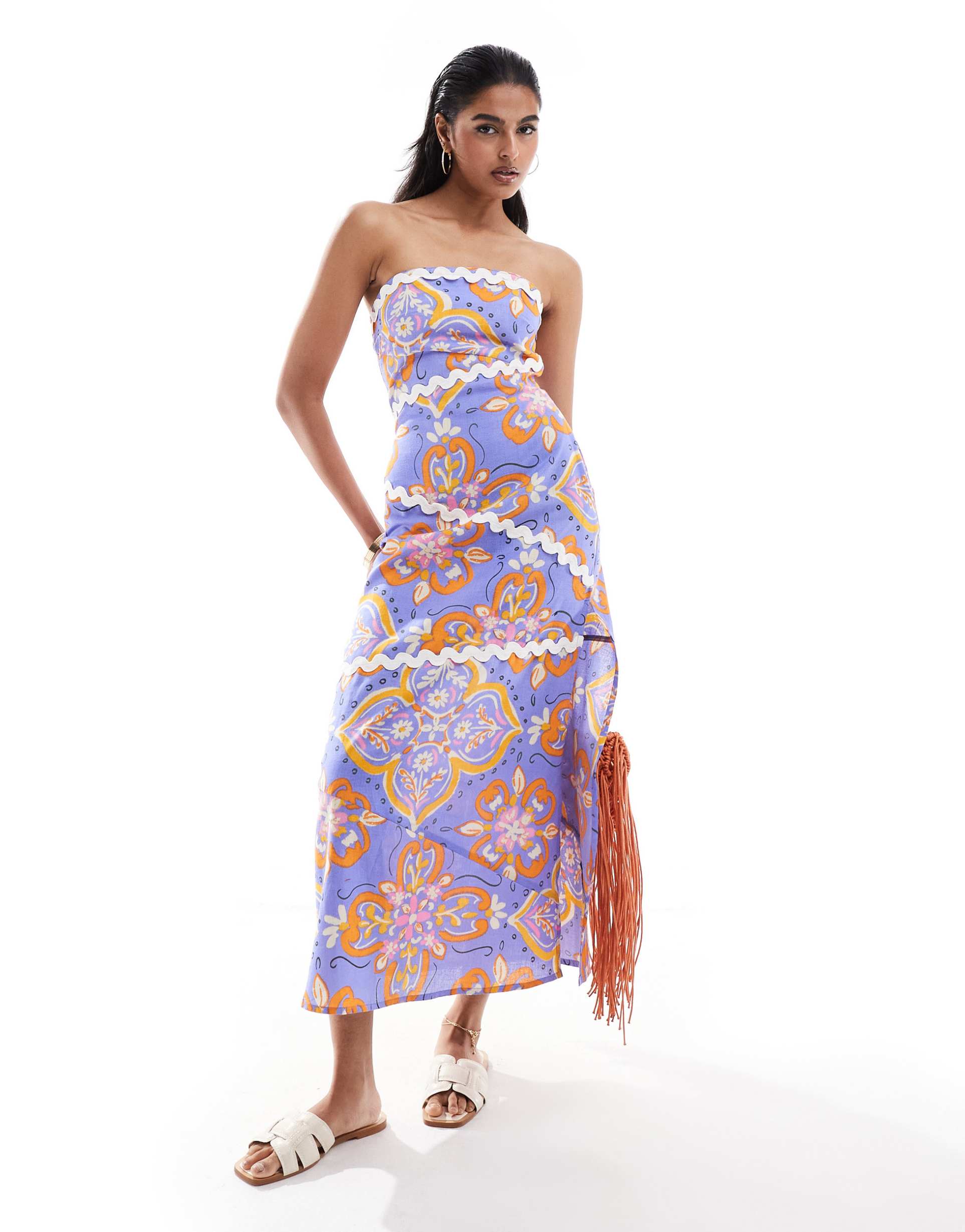 asos design printed bandeau maxi dress with ric rac trim in tile print