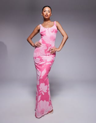 Asos Design Printed Bardot Pink Maxi Dress