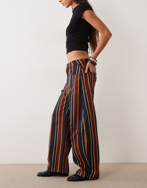 ASOS DESIGN printed barrel leg trouser in burgundy stripe, 3 of 5