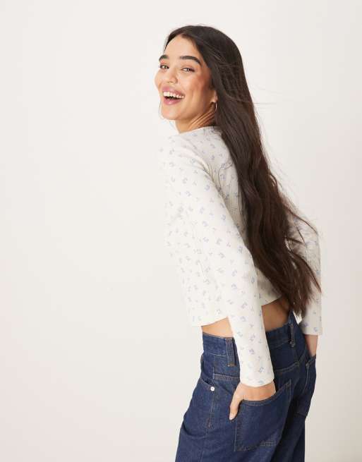 ASOS DESIGN printed ditsy waffle henley top in cream, 3 of 4