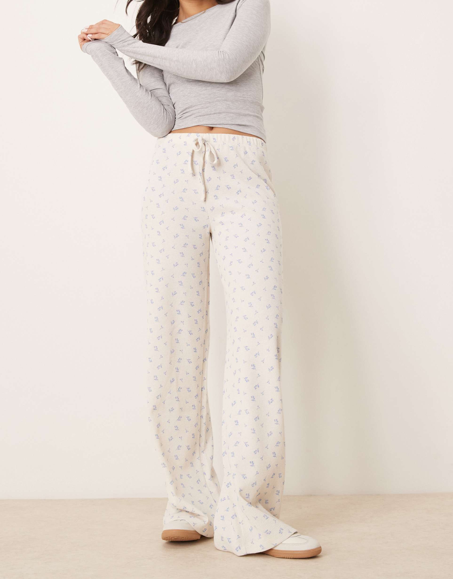 asos design printed ditsy waffle pants in cream